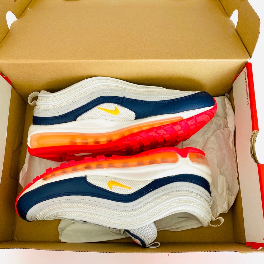 Wmns NIKE Air Max 97 Platinum Navy Orange - Picture 1 of 13